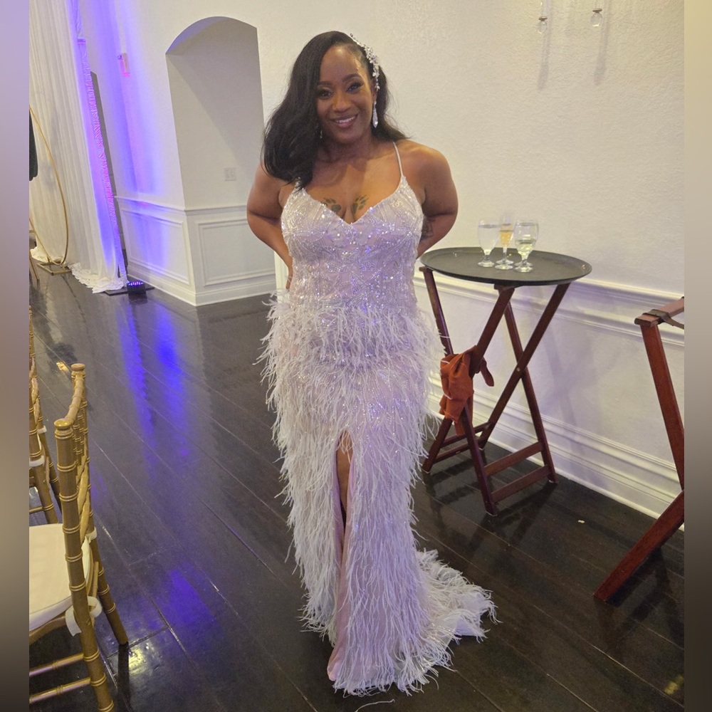 Elegant White Feathered Evening Gown